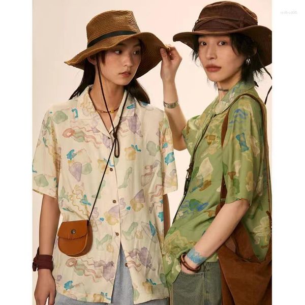 Damen Blusen Koreanisch Vintage Bedruckt Kurzarm Hemd Damen Lose Schlank Urlaub Strand Herren Japanische Mode Freizeithemden Sommer