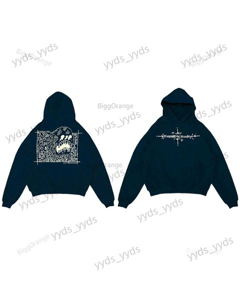 Erkek Hoodies Sweatshirts Koyu Mavi Soyut Desen Baskılı Kazak küçük harfli Hoodie Saf Pamuklu Gevşek Sokak Sokak Erkek ve Kadınlar İçin Y2K T231127