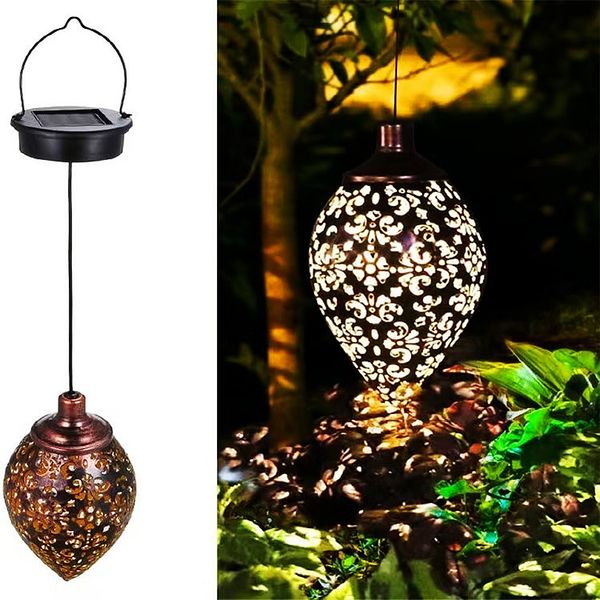 Lampada a sospensione per esterni lanterna nocciola cava in ferro battuto solare luce di inondazione pendente cortile giardino balcone luce decorativa paesaggio parete bianco caldo