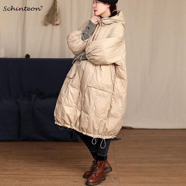 Felpe Schinteon Donna Piumino bianco al 90% Piumino lungo sciolto Felpe con cappuccio over size Cappotto con cappuccio Autunno Inverno Manica a tre quarti Capispalla