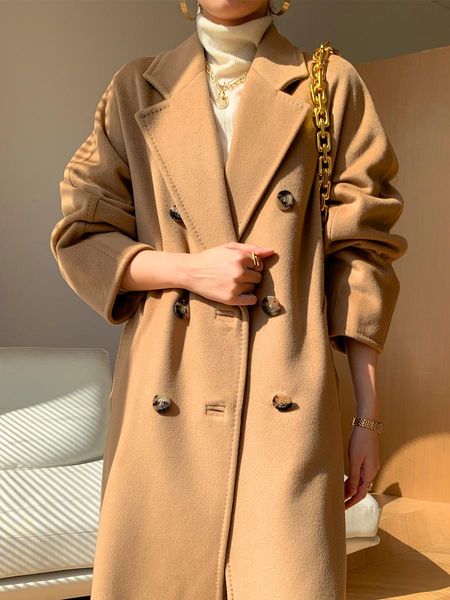 Cappotto in pelliccia di cashmere da donna doppiopetto di fascia alta cammello classico lussuoso autunno e inverno cappotto in lana di media lunghezza da donna 101801
