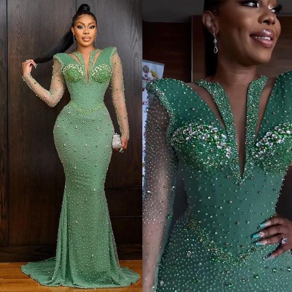 Verde Aso Ebi Arabo Sirena Abito da ballo in rilievo Festa formale Secondo ricevimento Compleanno Abiti di fidanzamento Abiti Robe De Soiree Abiti Spettacolo Taglie forti ST432