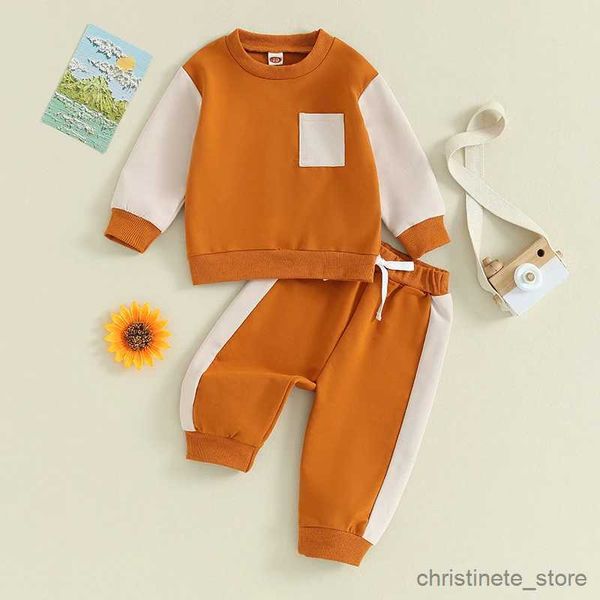 Conjuntos de roupas infantis para bebês meninos conjuntos de roupas de outono cor contrastante manga comprida gola redonda moletom com cintura elástica moletom roupas infantis R231127