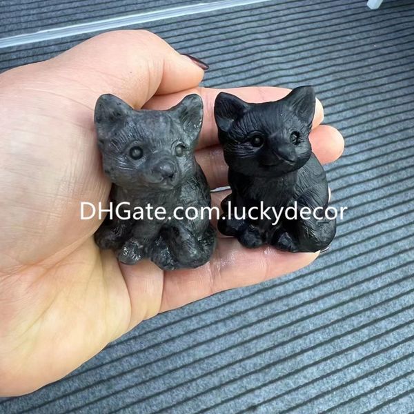 Sweet Little Natural Black Obsidian Fox Totem Gifts Adorable UV Reactive Flame Stone Yooperlite Crystal Animal Sculpture Carving Home Office Desk Table Ornament