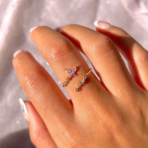 Band Ringe Exquisite Schmetterling Blume Öffnung Ringe Für Frauen Mädchen Doppelschicht Kristall Zirkon Ringe Weibliche Hochzeit Engagement Schmuck AA230426