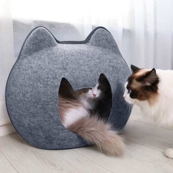 Cama para cães e gatos, saco de dormir destacável, natural, de feltro, respirável, caverna com almofada para gatos, produto para animais de estimação