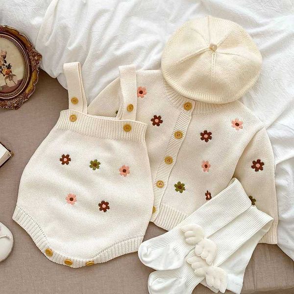 Giyim Setleri Sonbahar İlkbahar Toddler Bebek Kız Giysileri Takım Uzun Kollu Örme Çiçek İşlemeli HARDIGAN TOPPERS ÇOCUKLAR GİBİ SET