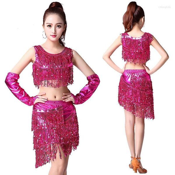 Abbigliamento da palco Costumi di danza latina Donne Salsa Dancewear Costume Gonna Abiti da competizione per sala da ballo Tango Frangia per adulti Paillettes dorati 3 pezzi