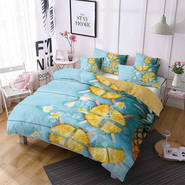 Set di biancheria da letto Set di biancheria da letto per bambini Frutta estiva Ananas Stampa 3D Copripiumino in microfibra Copripiumino per bambini Copriletto simpatico cartone animato Set letto 150 230427