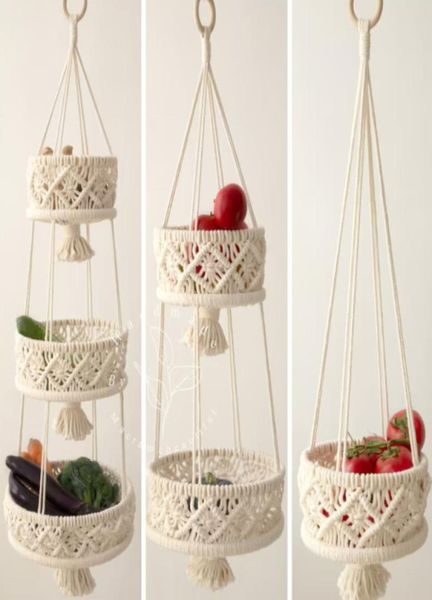 Cesta suspensa de macrame de 3 camadas Boho Decoração de casa Suporte de plantas de flores Cesta de frutas suspensa para cozinha interna e externa decorativa 220212634277