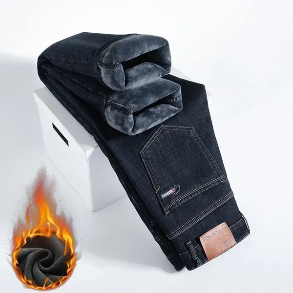 Mens Jeans Marca Lã Inverno Clássico Business Casual Estilo Quente e Confortável Plus Velvet Engrossado Reto 231127