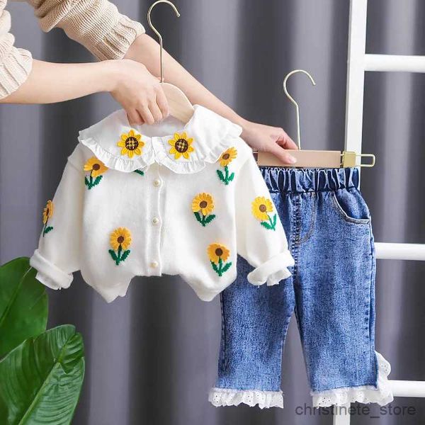 Conjuntos de roupas primavera e outono bebê zou colar conjunto ano menina jaqueta de malha jeans dois simples casual roupas esportivas r231127