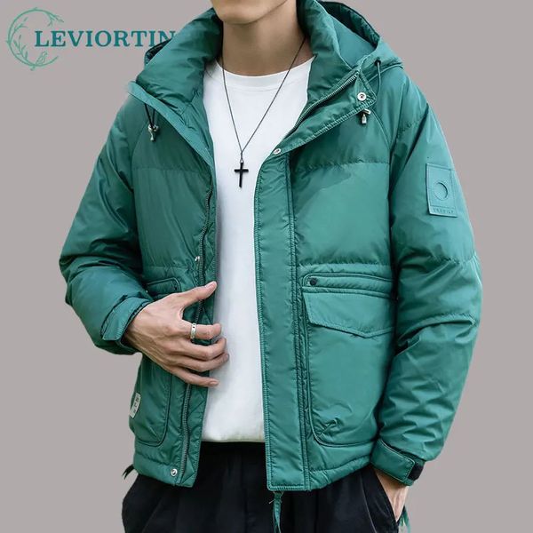 Mens Down Parkas Streetwear Homens Faux Lambskin Com Capuz Jaqueta Inverno Carga Vento Multibolso Pato Branco Down Jacket Masculino Casual Roupas Quentes 231127