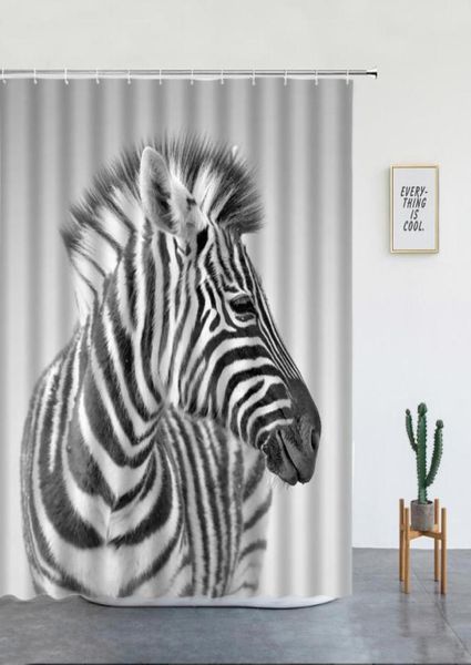 Cortinas de chuveiro zebra africana preto branco listrado animal selvagem cinza pano de fundo decoração tecido de poliéster cortina de banheiro com ganchos 6218103