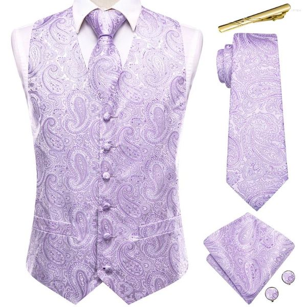 Coletes masculinos casamento luz roxo seda homens colete paisley jacquard sem mangas colete clipes gravata lenço abotoaduras definir festa de negócios hi-tie