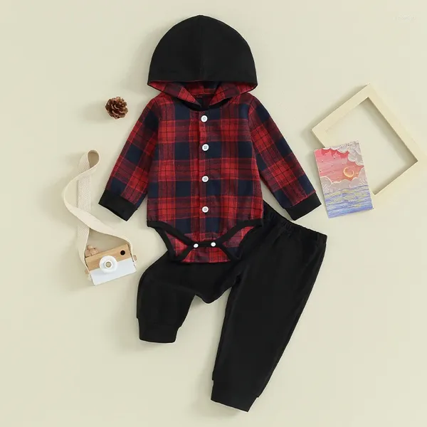Kleidungssets Baby Boy 2-teiliges Outfit Plaid Langarm-Strampler mit Kapuze und elastische Hosen Set Herbst-Frühlings-Kleidung