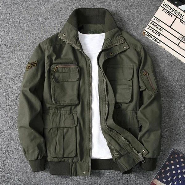 Jaquetas masculinas 2023 primavera outono jaqueta de algodão homens multi-bolso dupla camada grossa solta militar masculino casacos casuais