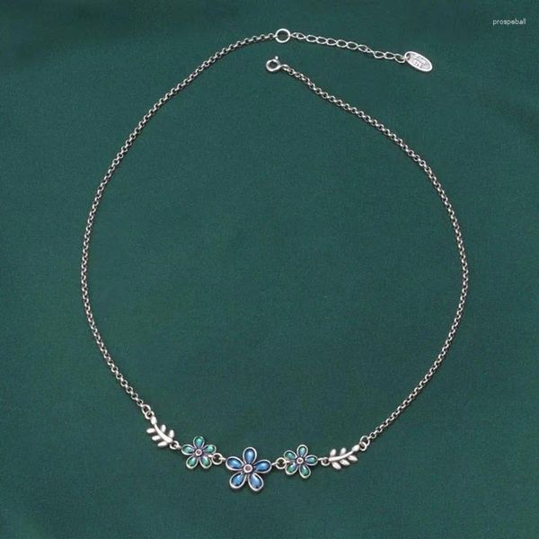 Ciondoli Fo S925 Argento sterling Goccia Colla Goccia d'olio Artigianato Collana con piccoli fiori Collana con colletto a foglia vecchia retrò corta