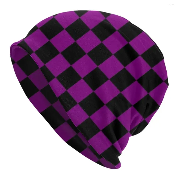 Berretti Cappelli a cuffia a scacchiera viola nero Berretti da sci Berretti a scacchi geometrici Cappello lavorato a maglia unisex caldo Berretto a doppio uso