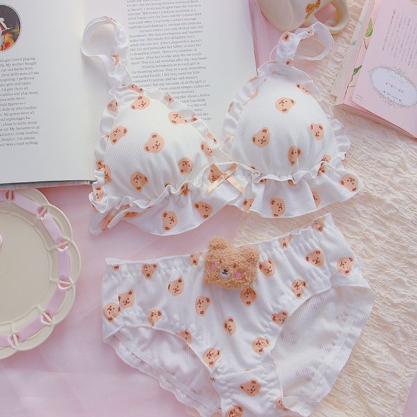 Set di reggiseni Set di reggiseno e mutandine Little Bear Set di reggiseno e slip Kawaii Lolita imbottito Cartoon Ragazza giapponese Biancheria intima morbida e carina Reggiseni sottili Set di bralette 230427