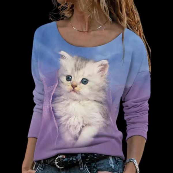 Camiseta feminina de moda feminina de manga longa solta colarinho redonda camisetas impressas de gato