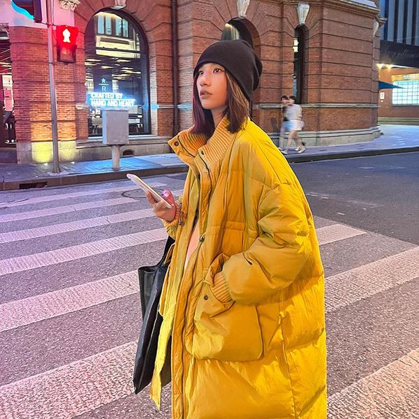 Piumino lungo da donna in pelle giallo, colletto alla coreana, con coulisse, moda, impermeabile, ispessimento, calda piuma, piumino femminile, capispalla invernale