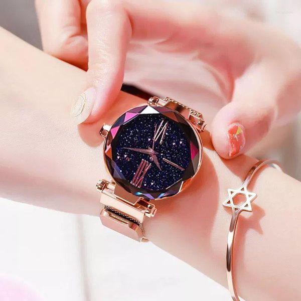 Orologi da polso 2023 Fashion Rosy Gold Mesh Magnet Starry Sky Orologio al quarzo da donna Orologi casual Relogio Feminino Ladies Wrist