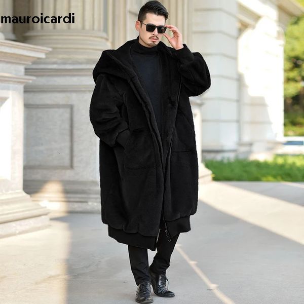 Herren Pelz Kunstpelz Mauroicardi Winter Schwarz Übergroßer Langer Warmer Flauschiger Kunstpelzmantel Damen mit Kapuze Langarm Reißverschluss Lose Koreanische Mode 231127