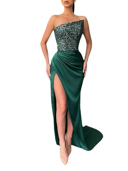 Mode neu in Green Mermaid/Trompete Satin Prom Kleider/Frauen Abend Hochzeitsfeier -Kleider Pailletten kostenloser Versand