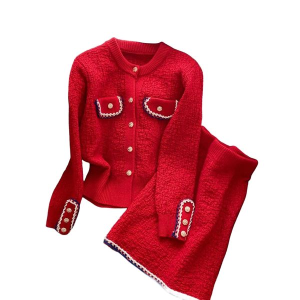 Nuovo stile da donna o-collo lavorato a maglia maglione rosso di Natale Capodanno cardigan e gonna corta twinset abito da 2 pezzi SMLXLXXL3XL