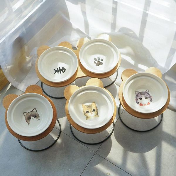 Alimentazione Vendita calda Ciotola per animali di fascia alta Scaffale in bambù Ciotole per gatti in ceramica per cani Ciotole per gatti Accessori per mangiatoie per animali domestici