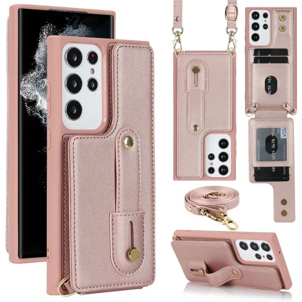 Crossbody handriem lederen cover telefoonhoes voor Samsung Galaxy S23 S22 Ultra Plus A54 A14 A34 A53 5G portemonnee kaarthouder kickstand achterkant