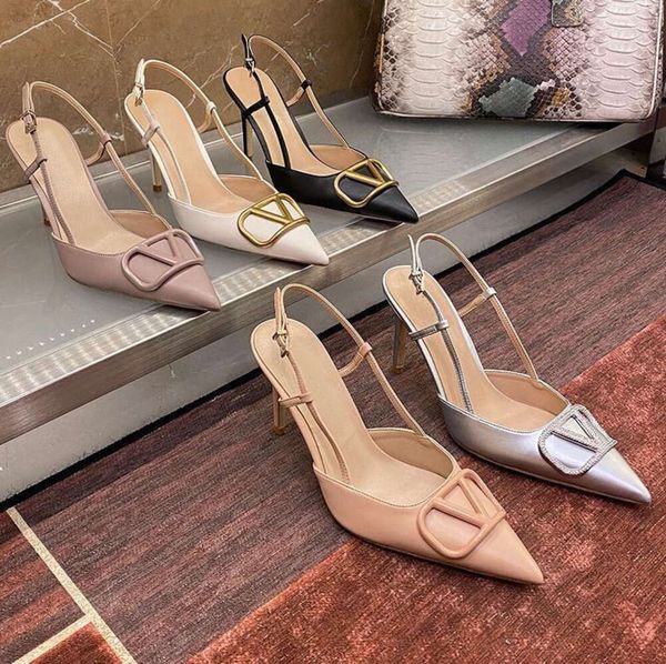 Sandálias de salto alto de marca de luxo pontiagudas finas 6cm 8cm 10cm clássicos metal fivela em V nude preto vermelho sapatos de casamento verão com bolsa 35-44 sapatos da moda