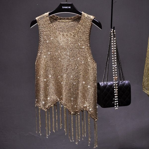 Женские танки Camis Sexy Sexy Shiny Gold Silver Tops Tops Women Bling Sequined Tassels Vats All Neon Store Corean 230426