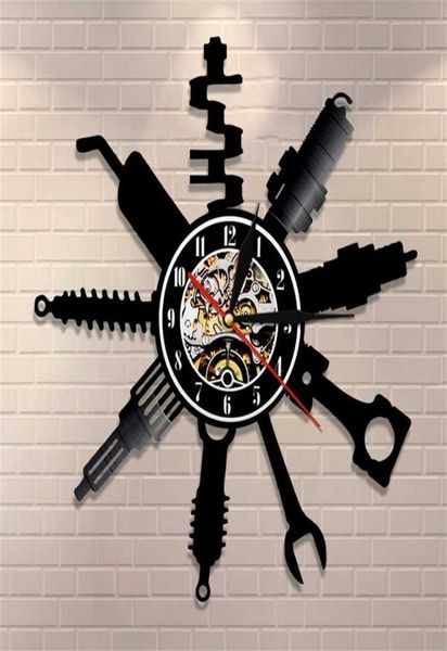 Negozio di riparazioni auto Targa da parete Decorativo moderno Orologio da parete Meccanico di auto Servizio Officina Orologio da record Garage Riparatore Regalo 211243T9320659