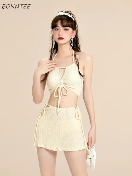 Conjuntos de biquinis de banho feminino para mulheres sólido laço-up design jovens estudantes praia estilo ulzzang verão banho moda girlish