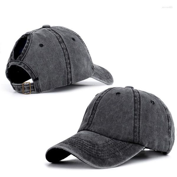 Top Caps denim yüksek şapka yıkanmış sıkıntılı düzenlenebilir beyzbol şapkası ile delik dağınık topuz açık hava sporları