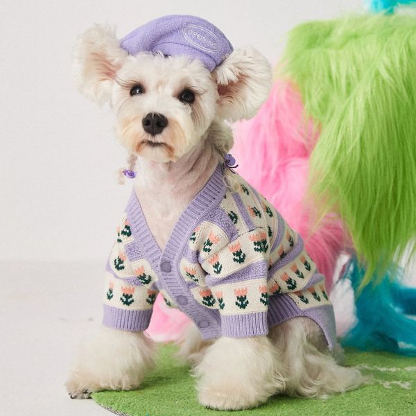 Abbigliamento per cani Carino cotone Autunno Inverno Fiore maglione lavorato a maglia Vestiti per animali Cardigan Viola Abbigliamento per cani Gatto Stampa calda Ragazza Chihuahua 231127