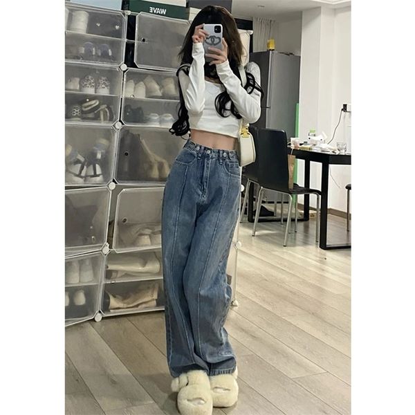 Jeans femininos Mulheres fundamental Blue Blue Vintage High Waist Pants Casual Baggy Wide Pants Fashion Street Straight Mopping Trouser Ladies Summer 230427