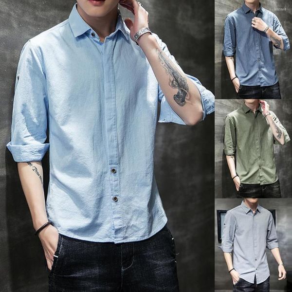 Camisas de camisetas masculinas de verão de estilo casual homem 3/4 de manga de colarinho de lapão de lapidação de linho de cor sólida linho de algodão slim para marido homem