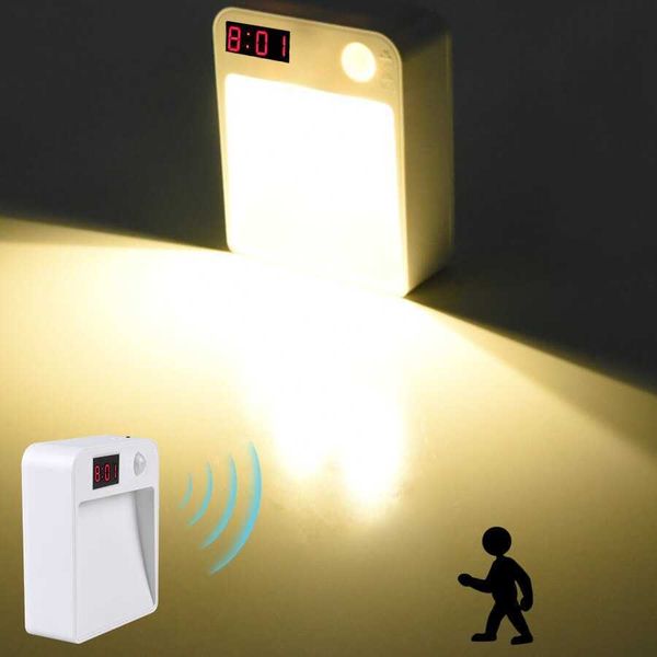Lichter Drahtloser batteriebetriebener LED-Lichtbewegungssensor Menschlicher Körper Induktionsuhr Nachtlampe für Schlafzimmerschranktreppen AA230426