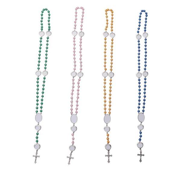 4 Farben Sublimation Halskette Wärmeübertragung Anhänger Rosenkranz Perlenkette Kreuz Jesus Metall Anhänger GF01027410050