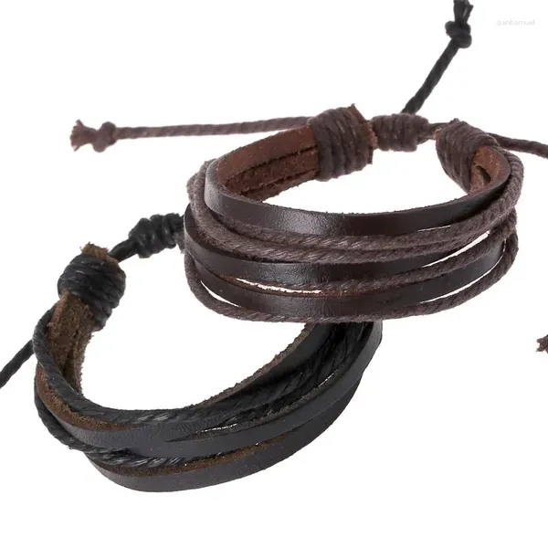 Charme pulseiras vintage masculino couro multicamadas preto marrom cordas envoltório pulseras jóias para homens legais mulheres