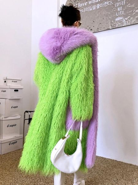 Pele feminina inverno moda fluorescente verde com capuz longo casaco falso roupas