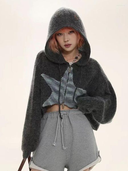 Damen Hoodies Y2k Zip Up Hoodie Harajuku Punk Gothic Star Patch Lose Sweatshirts Grunge Streetwear Kapuzen Crop Jacken Dunkle Hip Mäntel