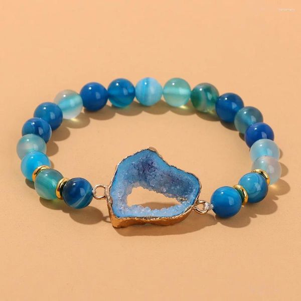 Charme pulseiras 8mm natural azul ágata pulseira irregular druzy pedra cura reiki yoga para mulheres homens jóias presentes