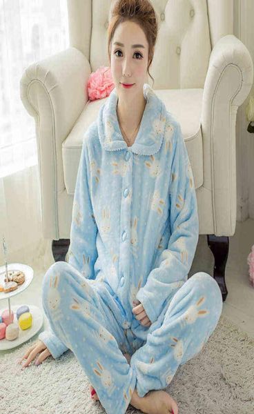 Winter Frauen Pyjamas Flanell Pyjamas Sets Korallen Fleece Strickjacke Pyjamas Anzug Lange Nachtwäsche Frau Warme Anzüge 2 Stück Rosa Blau G222603352