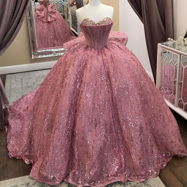 Quinceanera da palla paillette rosa lucido per sfere di pizzo del corsetto spalla Crystal Sweet 16 vestito Vestidos de XV anos 15 0417