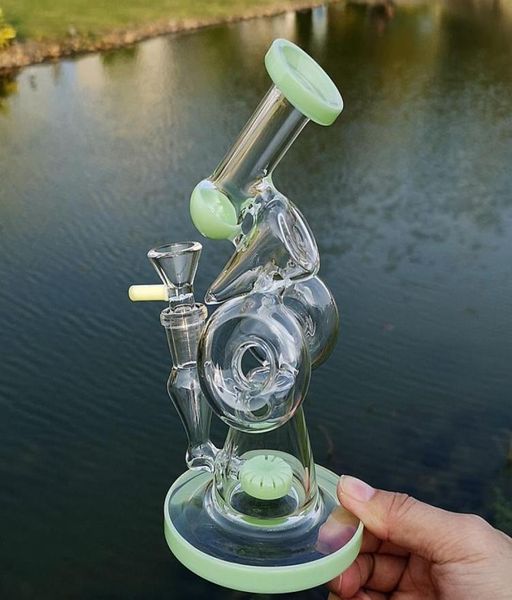 8 polegadas Mini Double Recycler Glass Bongs Slitted Donut Perc Oli Dab Rigs Verde Roxo Heady Glass Water Tubulações com 14mm Feminino Join2017244