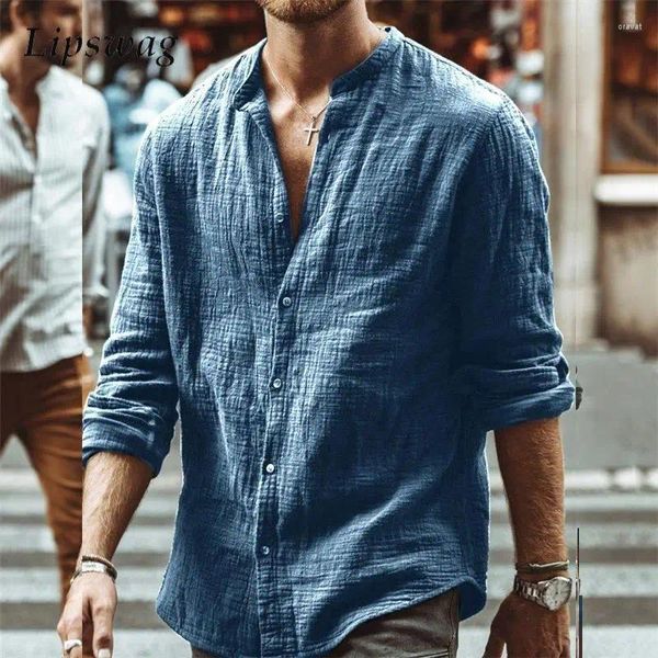 Camicie casual da uomo Moda uomo cotone lino top camicia autunno tempo libero sciolto colore puro manica lunga uomo vestiti colletto alla coreana cardigan